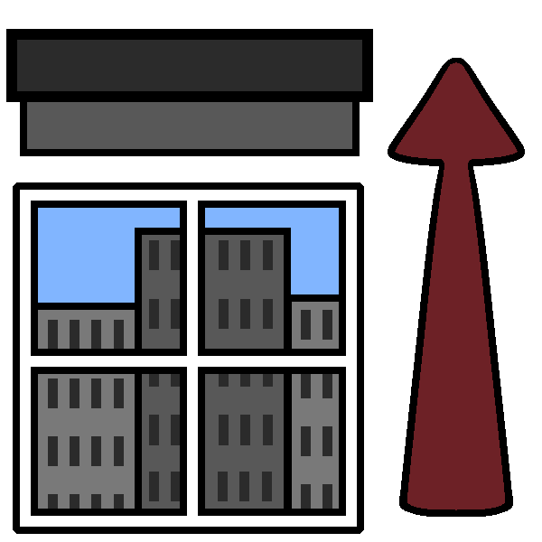 A window with raised blinds and an arrow pointing upwards to the right of it. Outside are several skyscrapers.